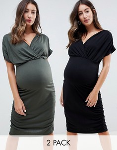 Набор из 2 трикотажных платьев миди с короткими рукавами (черное/хаки) Mamalicious maternity-Зеленый Mama.Licious