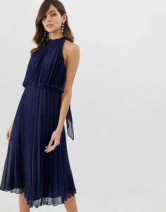 Плиссированное платье миди с халтером и завязкой ASOS DESIGN-Темно-синий