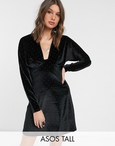 Бархатное платье мини с длинными рукавами и глубоким вырезом ASOS DESIGN Tall-Черный
