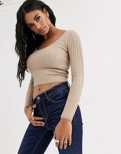 Джемпер в рубчик из переработанного материала с овальным вырезом ASOS DESIGN-Светло-бежевый