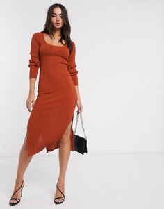 Платье миди в рубчик с овальным вырезом ASOS DESIGN-Красный