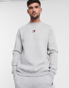 Серый меланжевый свитшот с окантовкой и логотипом-флагом Tommy Sports