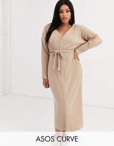 Супермягкое платье миди в рубчик с заниженной линией плеч и поясом ASOS DESIGN Curve-Бежевый