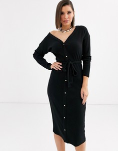 Супермягкое платье миди в рубчик со спущенными плечами и поясом ASOS DESIGN-Черный