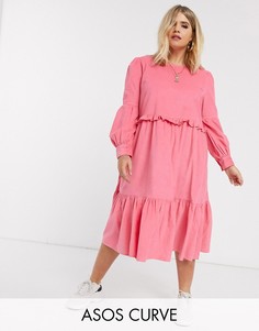 Ярусное вельветовое платье розового цвета ASOS DESIGN Curve-Розовый