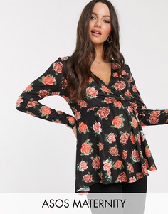 Топ с запахом, длинными рукавами и принтом роз ASOS DESIGN Maternity-Мульти