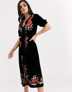 Бархатное чайное платье миди с вышивкой ASOS DESIGN-Черный