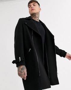 Черное пальто с добавлением шерсти и отделкой в байкерском стиле ASOS DESIGN-Черный