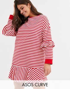 Трикотажное платье мини в полоску с оборкой на подоле ASOS DESIGN Curve-Мульти