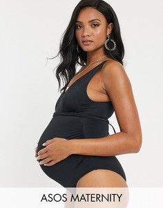 Черный слитный купальник с поясом ASOS DESIGN Maternity