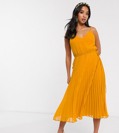 Плиссированное платье миди на бретелях со шнурком ASOS DESIGN Petite-Желтый