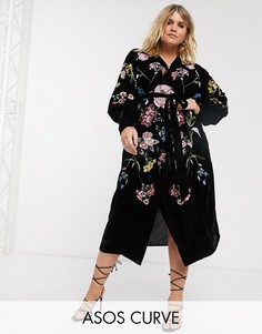 Бархатное платье миди с запахом и вышивкой ASOS EDITION Curve-Черный