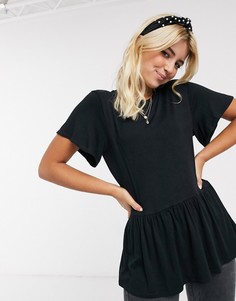 Черная фактурная футболка с баской New Look-Черный