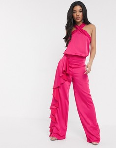 Розовые широкие брюки с оборками Missguided Peace + Love-Розовый