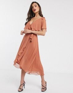 Платье миди с разрезами на рукавах и завязками на плечах ASOS DESIGN-Розовый