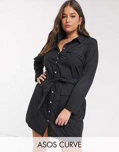 Хлопковое платье-рубашка мини в стиле милитари с поясом ASOS DESIGN Curve-Черный