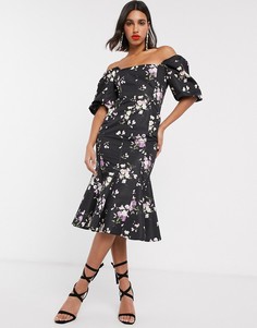 Платье миди с пышными рукавами и оборками ASOS DESIGN-Мульти