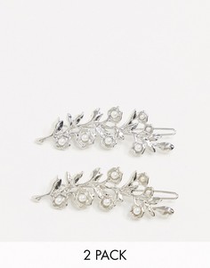 2 серебристые заколки для волос в виде листика с цветочной отделкой ASOS DESIGN-Серебряный