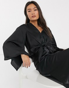 Черная атласная блузка с завязкой Topshop-Черный