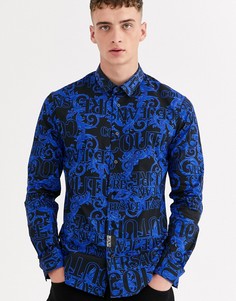 Приталенная рубашка с принтом в стиле барокко Versace Jeans Couture-Синий