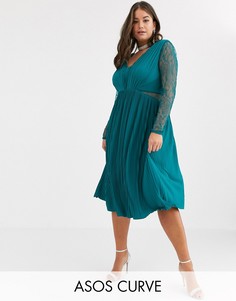 Платье миди с кружевом и плиссировкой ASOS DESIGN Curve-Зеленый