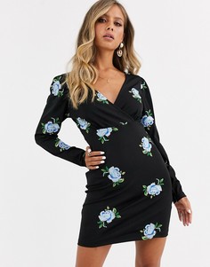 Платье мини с запахом и вышивкой ASOS DESIGN-Черный