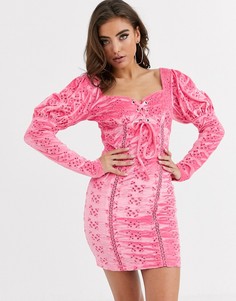 Бархатное платье мини с вышивкой ришелье и шнуровкой ASOS DESIGN-Розовый
