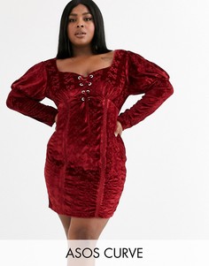 Бархатное платье мини с вышивкой ришелье и шнуровкой ASOS DESIGN Curve-Красный
