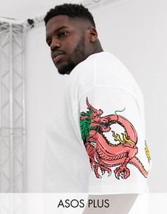 Oversize-футболка из органического хлопка с принтом дракона на рукаве и вышитой японской надписью ASOS DESIGN Plus-Белый