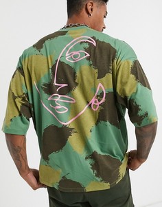 Oversize-футболка из органического хлопка с камуфляжным принтом ASOS DESIGN-Зеленый
