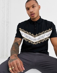 Свободное поло с принтом в стиле барокко ASOS DESIGN-Черный