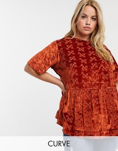 Бархатный топ с вышивкой ASOS DESIGN Curve-Коричневый