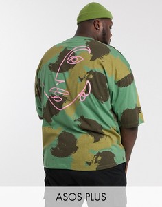 Oversize-футболка из органического хлопка с камуфляжным принтом ASOS DESIGN Plus-Зеленый