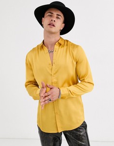 Атласная рубашка классического кроя горчичного цвета ASOS DESIGN-Желтый