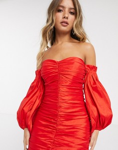 Красное платье мини со сборками и пышными рукавами Bardot-Красный