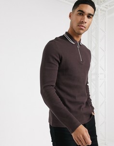 Коричневая футболка-поло с длинными рукавами и воротом на молнии ASOS DESIGN-Коричневый