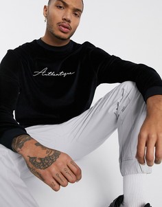 Черный велюровый свободный свитшот с вышивкой \"Authentique\" ASOS DESIGN