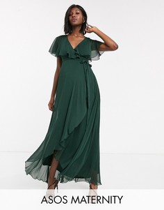 Платье макси с накидкой на спине и асимметричным краем ASOS DESIGN Maternity-Зеленый