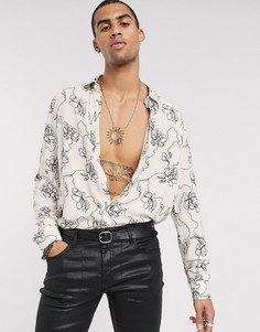 Светло-бежевая рубашка классического кроя с цветочным принтом ASOS DESIGN-Бежевый