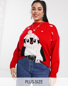 Красный новогодний джемпер с пингвином New Look Curve-Черный