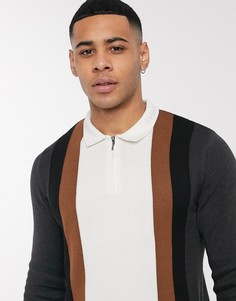 Поло из трикотажа с длинными рукавами и вставками черного и белого цвета Topman-Мульти
