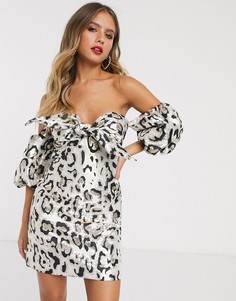Платье мини с пышными рукавами и леопардовым принтом Bardot-Мульти
