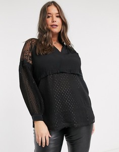 Черная блузка с оборками и кружевной отделкой River Island Plus-Черный