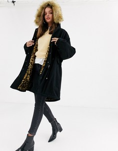 Черная парка с подкладкой из искусственного меха со звериным принтом ASOS DESIGN-Черный