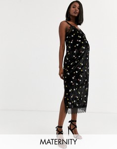 Бархатное платье-комбинация миди с вышивкой и кружевной отделкой ASOS DESIGN Maternity-Черный
