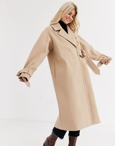 Бежевое пальто с контрастными строчками и пряжкой ASOS DESIGN-Бежевый
