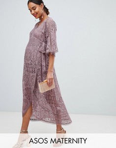 Кружевное платье миди с запахом ASOS DESIGN Maternity-Розовый