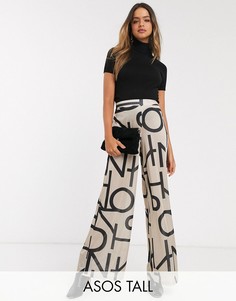 Атласные широкие брюки с абстрактным принтом ASOS DESIGN Tall-Бежевый