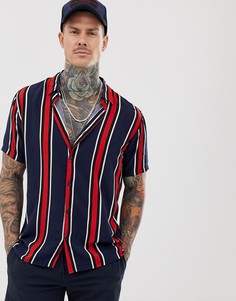 Темно-синяя рубашка в полоску с короткими рукавами Bershka-Темно-синий