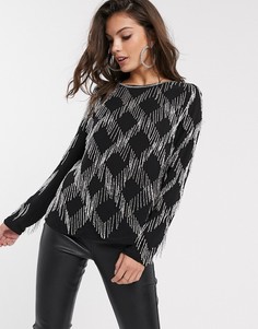 Черный декорированный топ с длинными рукавами River Island